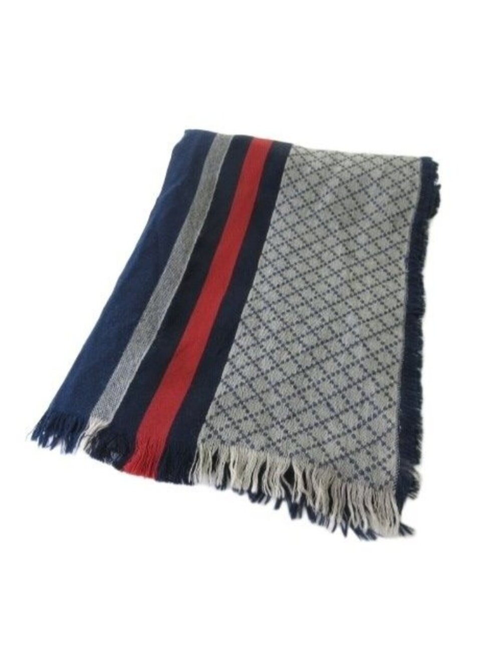 Gucci Shawl Check Line Fringe Wool Silk Navy Scarf